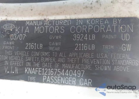 2007 Kia Spectra Ex z USA, uszkodzony, nr VIN KNAFE121675440497